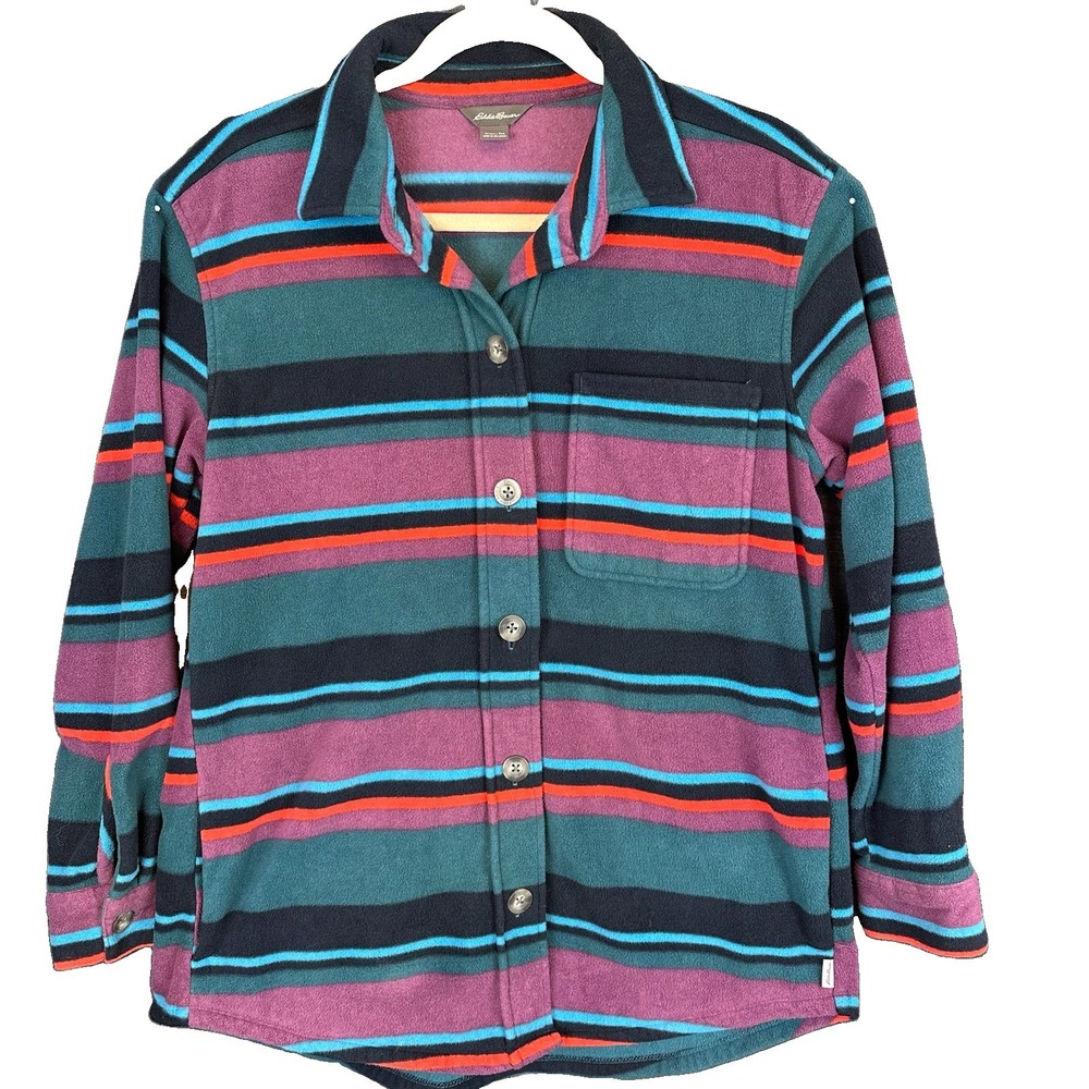 Eddie Bauer Fleece Button Up Shirt Medium Stripe Pink Purple Womens